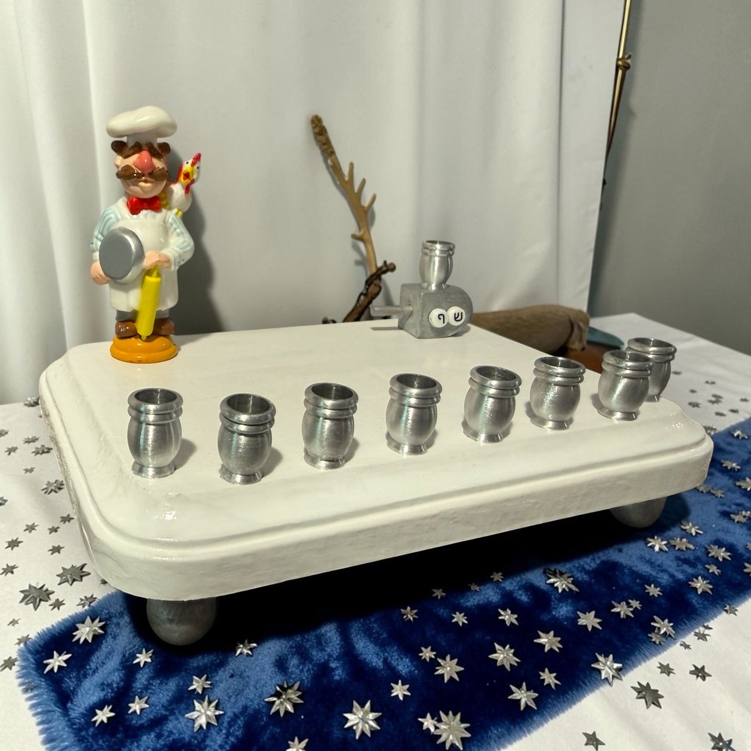 Swedish Chef menorah — Muppets chef figure with Hebrew bead dreidel and aluminum cups | Judaica Square Lakewood (view 10)