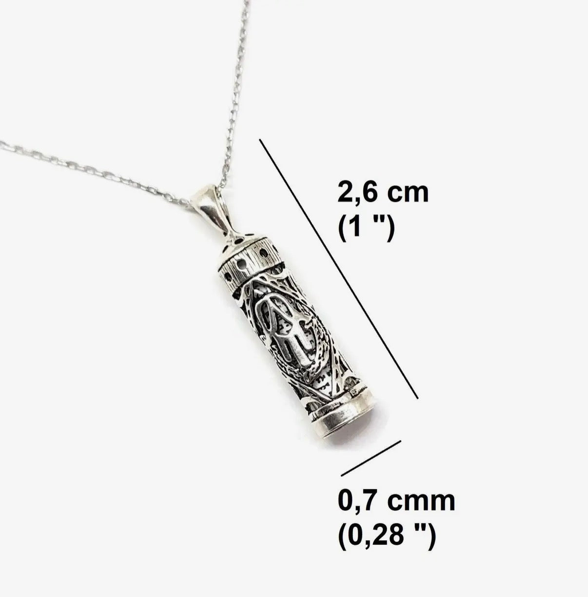 Sterling silver mezuzah case pendant with hamsa design and chain | Judaica Square Lakewood (view 3)
