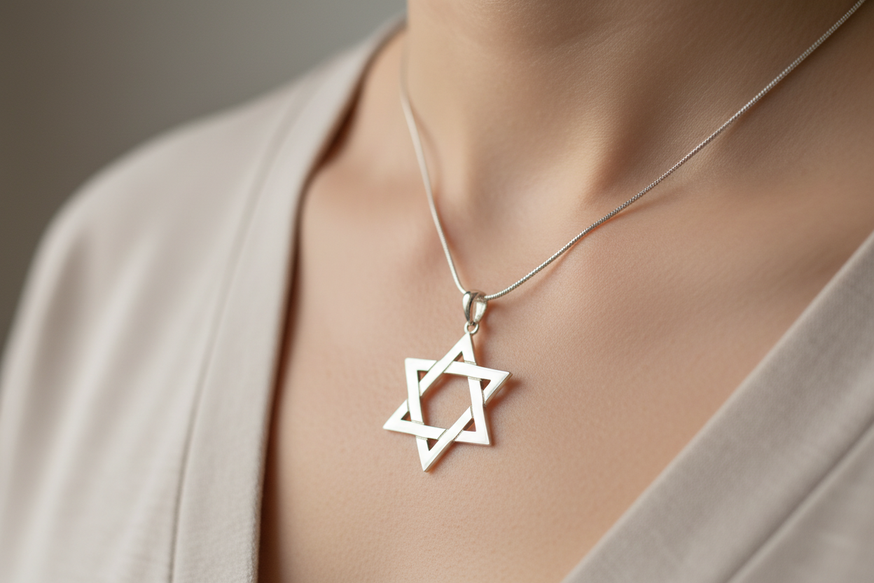 Large woven sterling silver Magen David pendant on a rope chain | Judaica Square Lakewood (view 6)