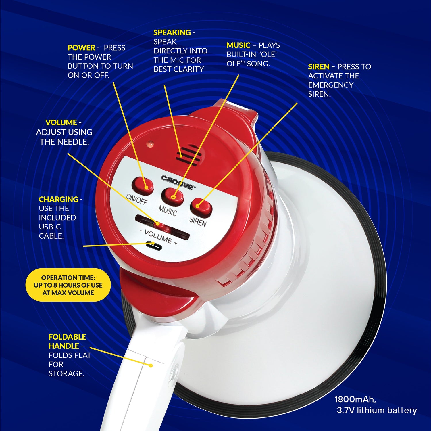 Croove Rechargeable Megaphone Bullhorn - 1000 Yard Range with Siren — long-range, view 4 | Judaica Square Lakewood