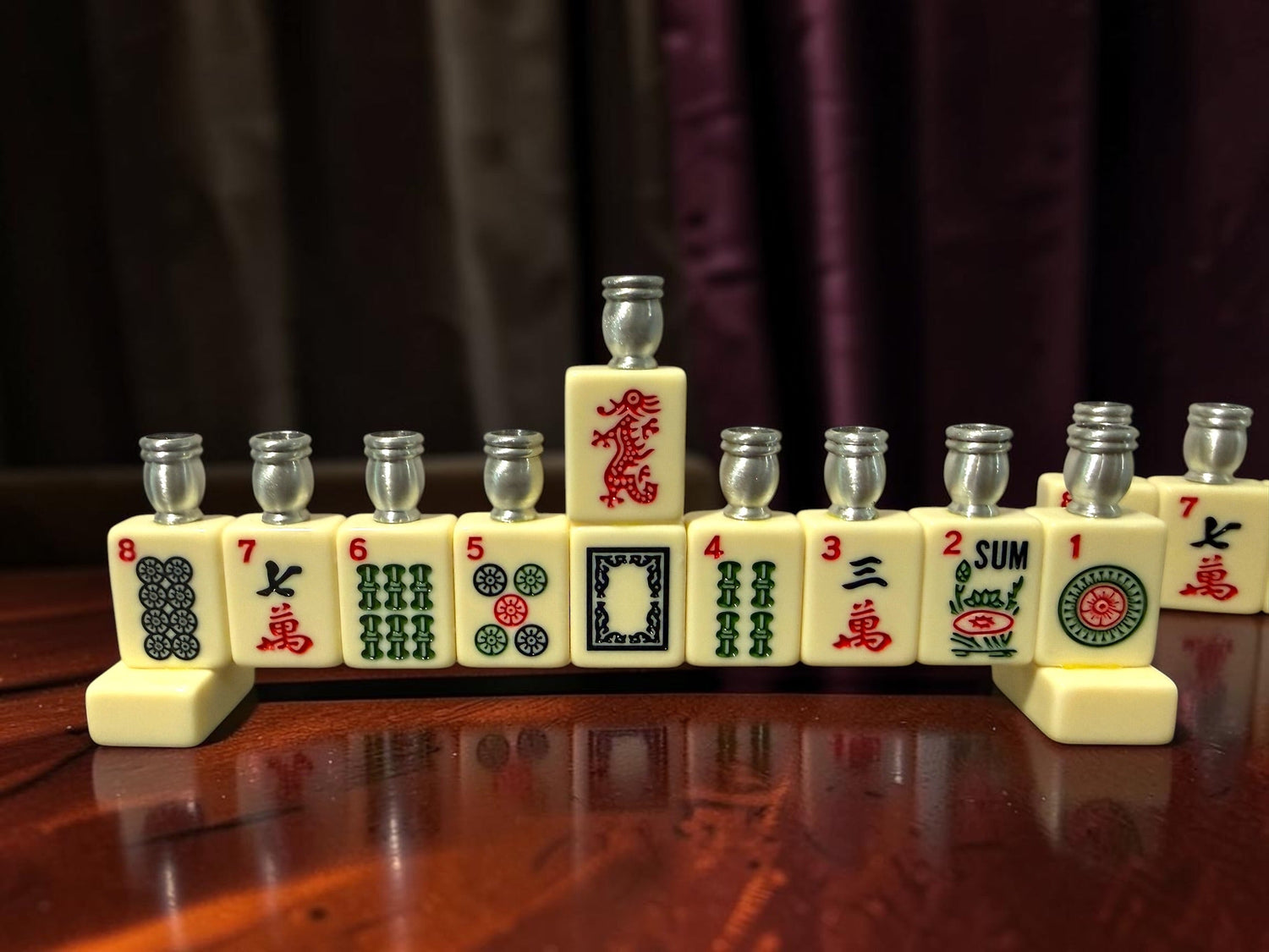 Mah Jongg menorah — repurposed game tiles with numbered aluminum candle cups | Judaica Square Lakewood (view 23)