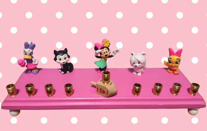 Minnie Mouse playhouse menorah — repurposed Disney figures on pink 12-inch plaque | Judaica Square Lakewood