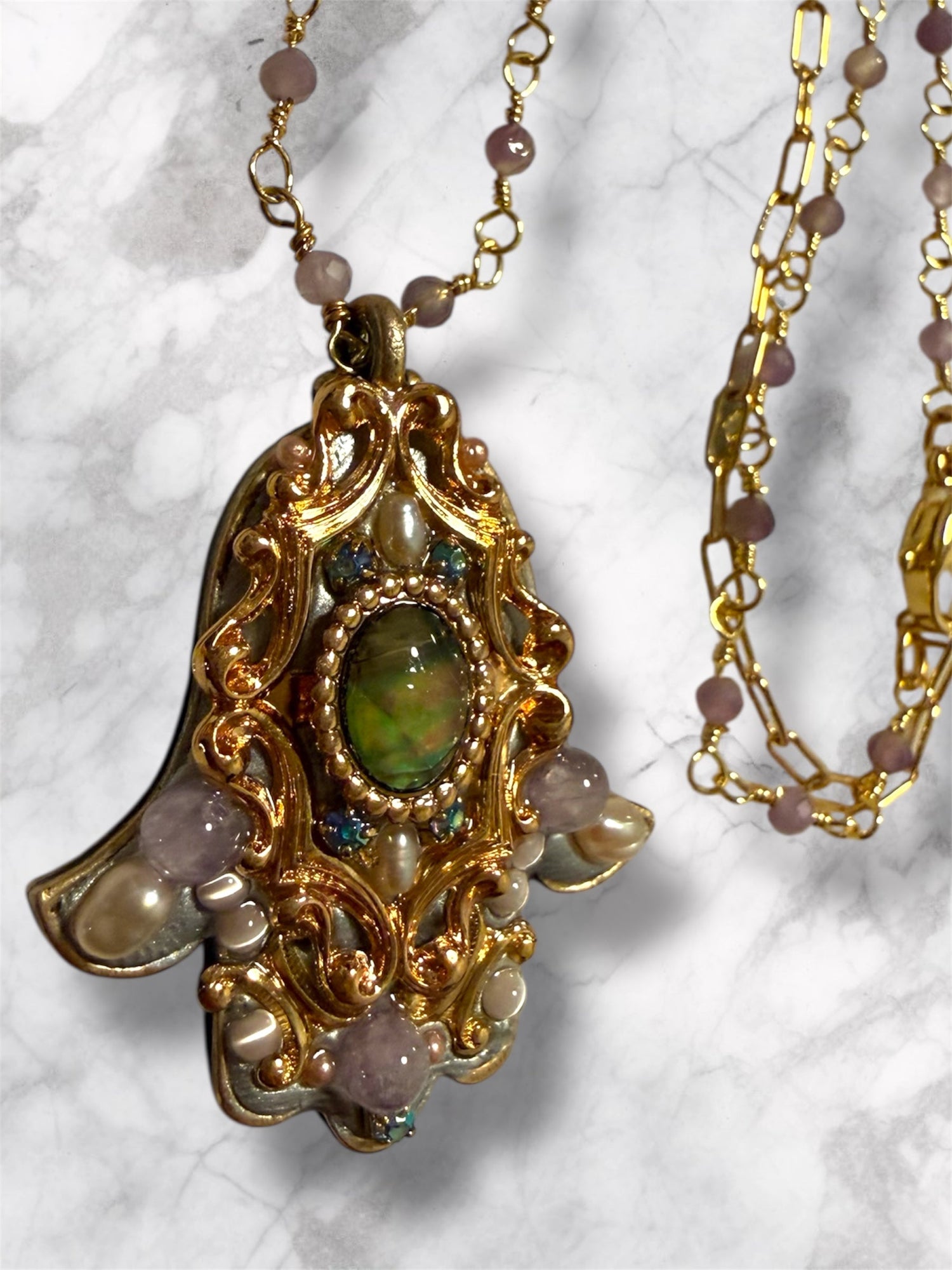 Michal Golan hamsa necklace — abalone and amethyst gold pendant | Judaica Square Lakewood (view 5)