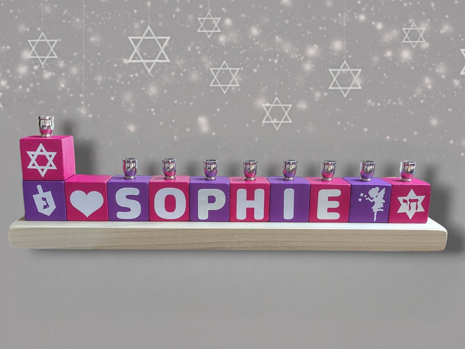 Personalized name block menorah — hand-painted blocks with vinyl letters and nickel cups | Judaica Square Lakewood (view 4)