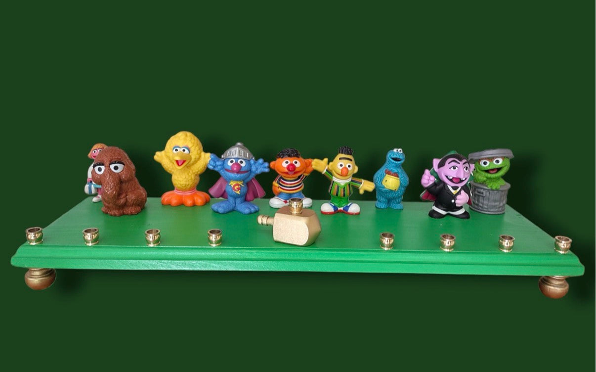 Sesame Street Menorah — Elmo, Bert, Ernie and friends with wooden dreidel shamash | Judaica Square Lakewood (view 9)