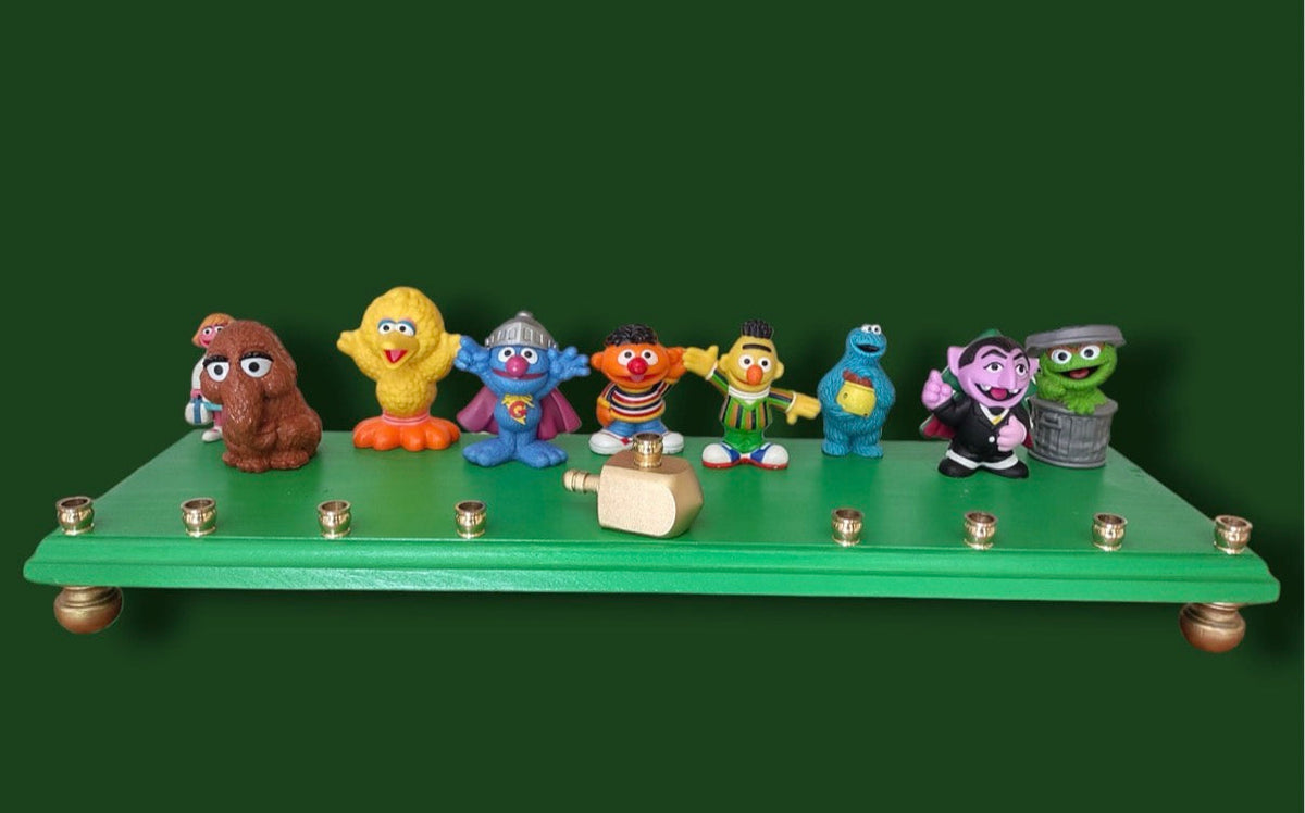 Sesame Street Menorah — Elmo, Bert, Ernie and friends with wooden dreidel shamash | Judaica Square Lakewood (view 9)