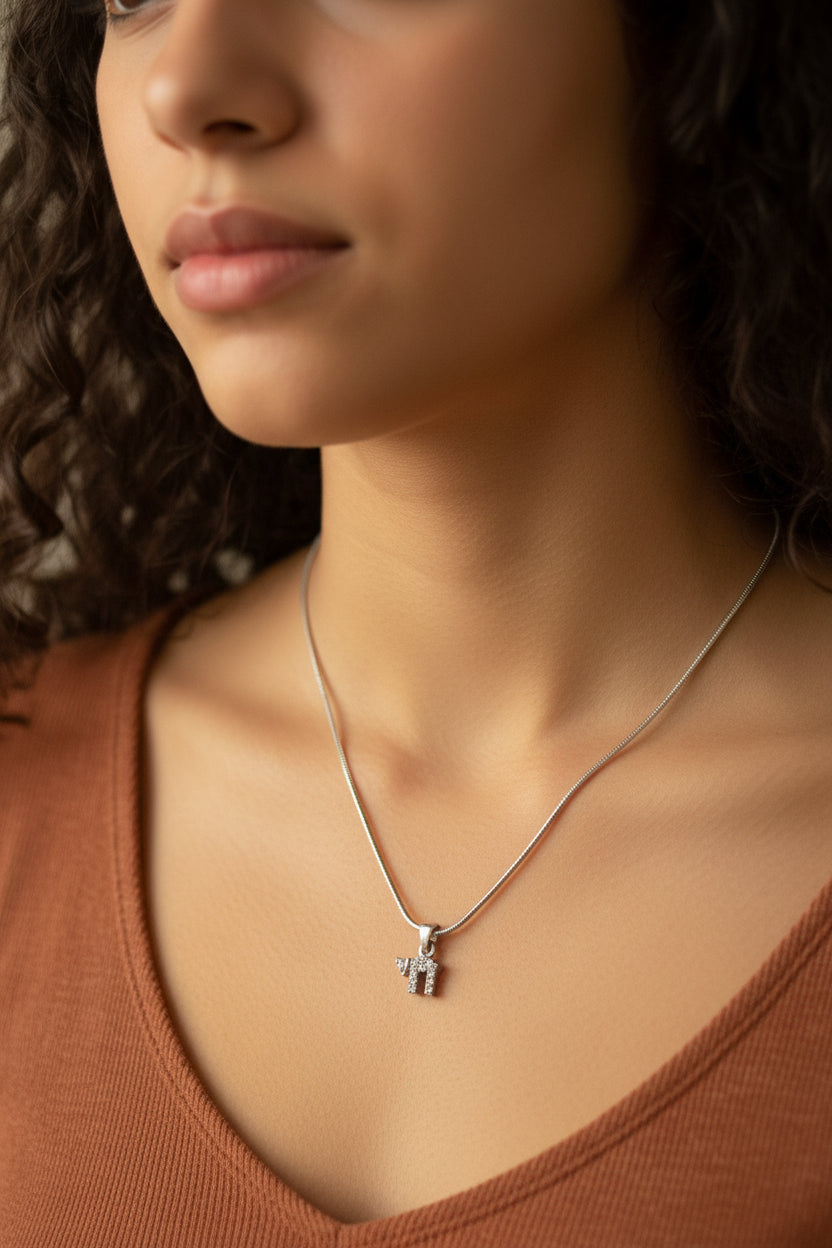 Cubic zirconia chai necklace — sparkling vintage sterling charm | Judaica Square Lakewood (view 2)