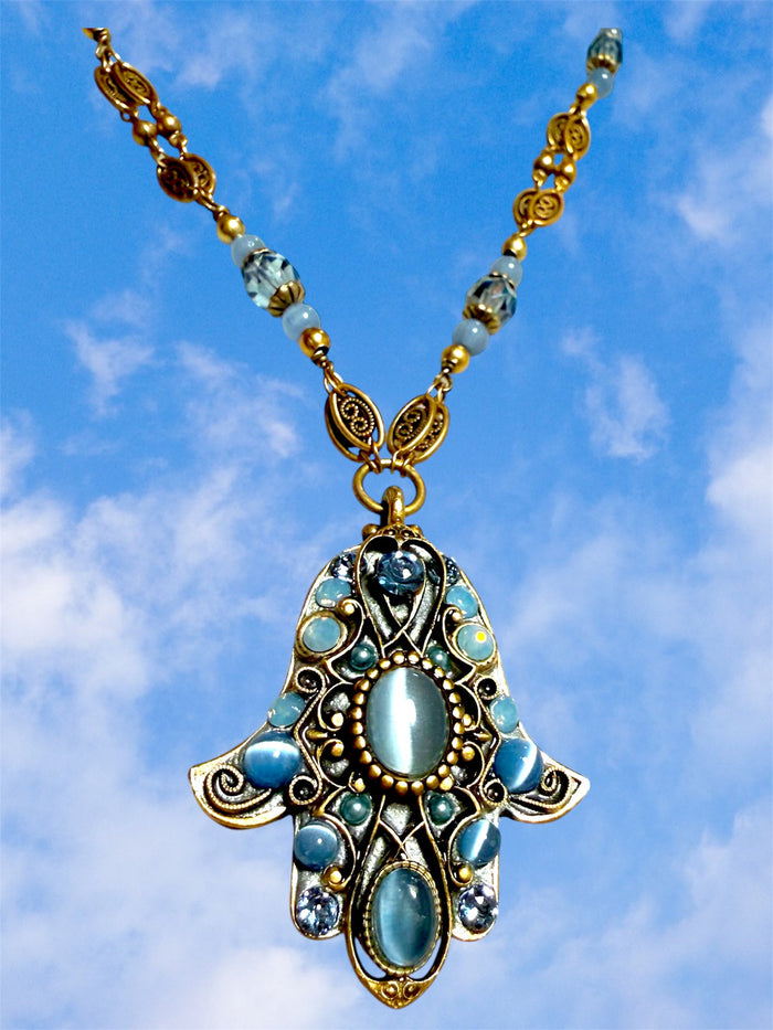 Bluebell hamsa necklace — blue Swarovski and cat's eye pendant | Judaica Square Lakewood