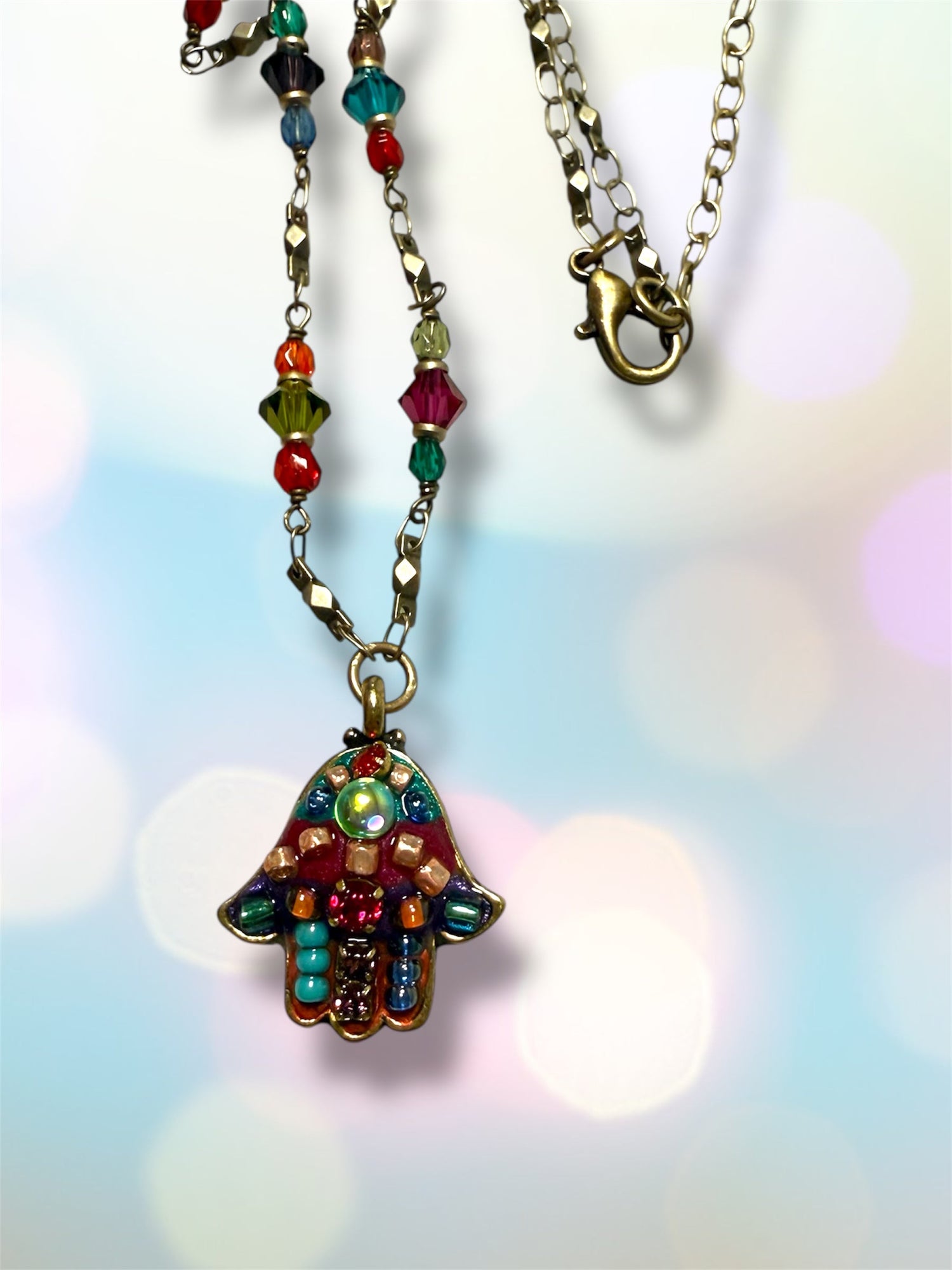 Multicolor hamsa necklace — bright glass mosaic gold pendant | Judaica Square Lakewood (view 3)