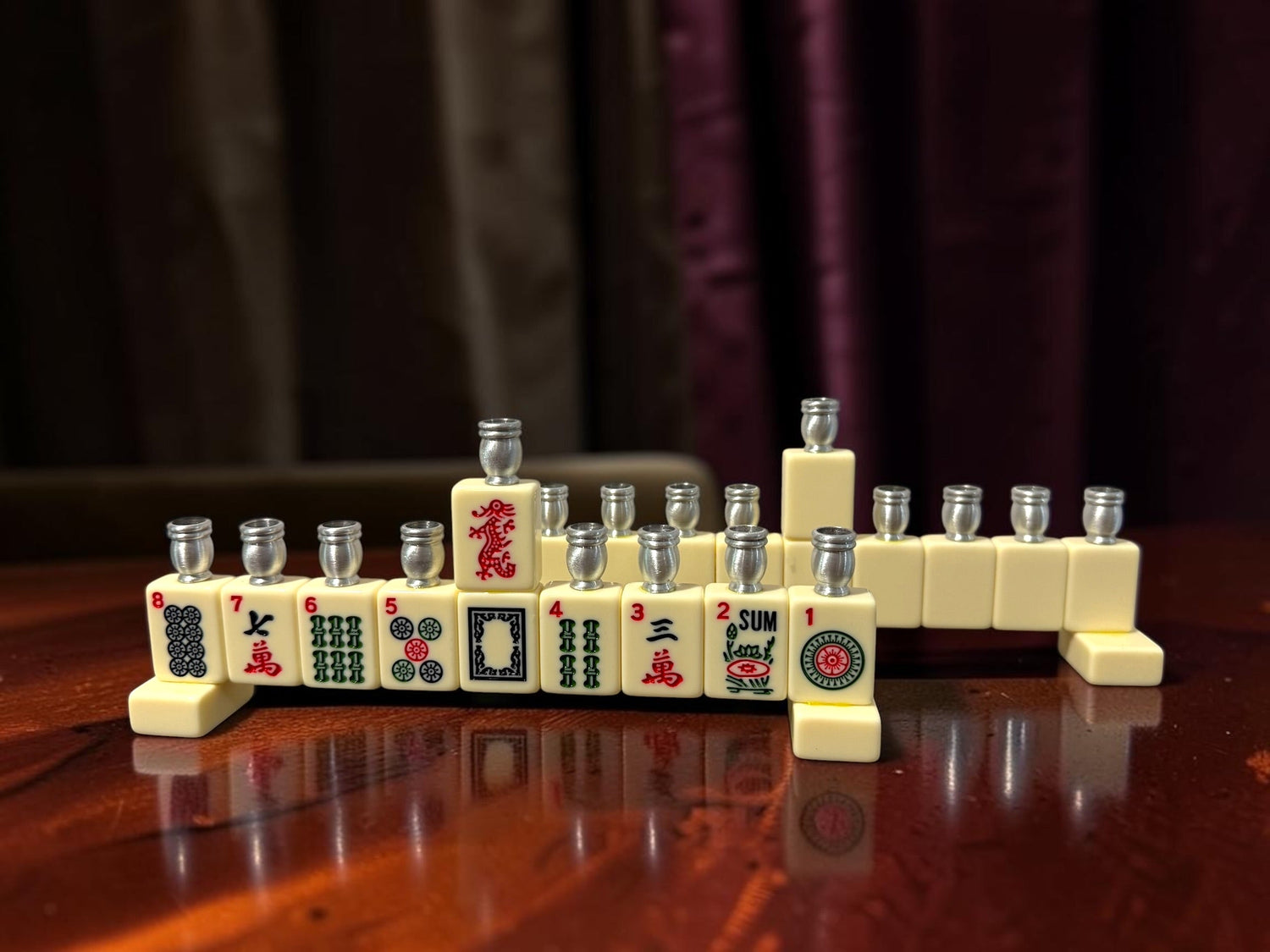 Mah Jongg menorah — repurposed game tiles with numbered aluminum candle cups | Judaica Square Lakewood (view 25)