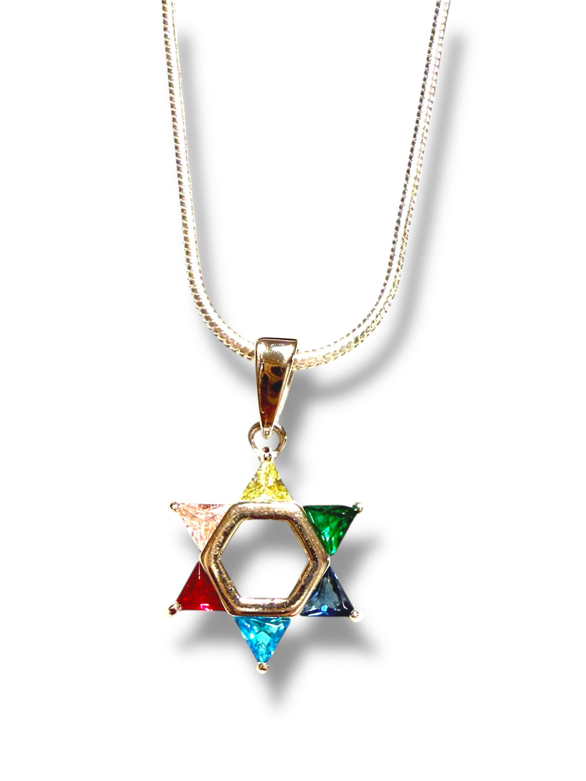 Petite sterling Star of David pendant set with rainbow gemstones