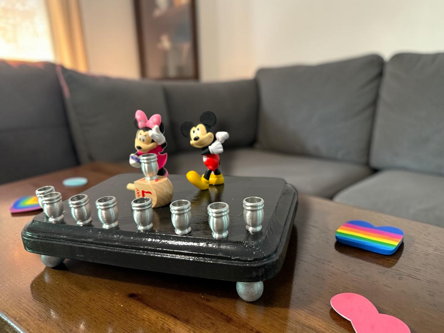 Mickey and Minnie Mouse menorah — repurposed Disney figures on painted wood plaque | Judaica Square Lakewood (view 12)