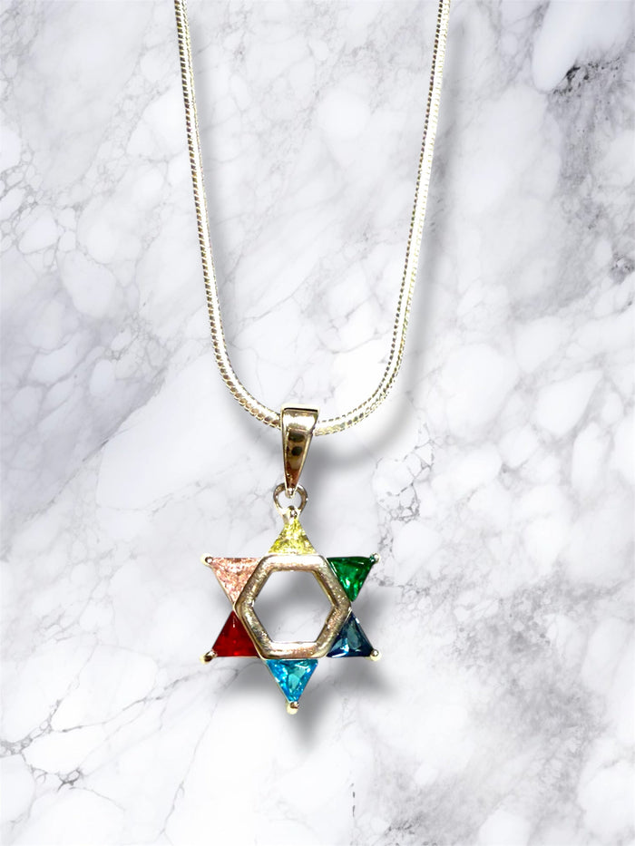 Petite sterling Star of David pendant set with rainbow gemstones | Judaica Square Lakewood