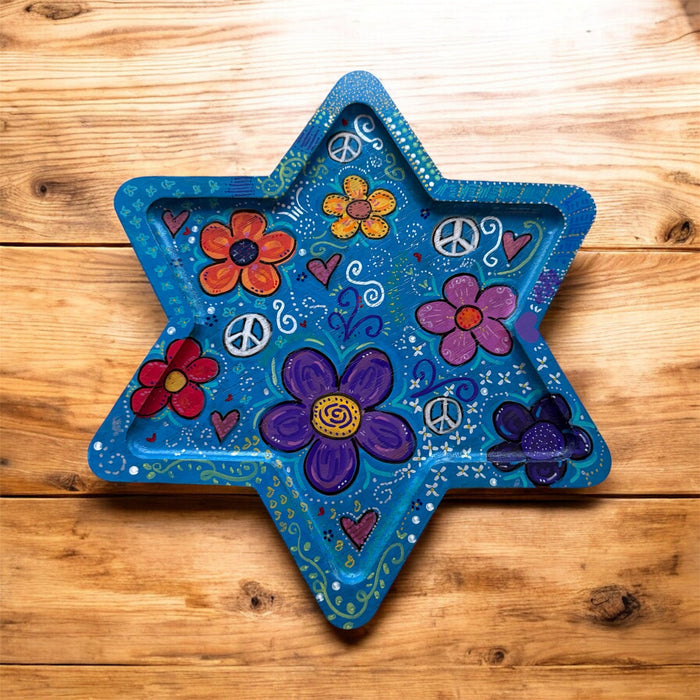 Peace and love Star of David tray — Woodstock-inspired hand-painted wood tray | Judaica Square Lakewood