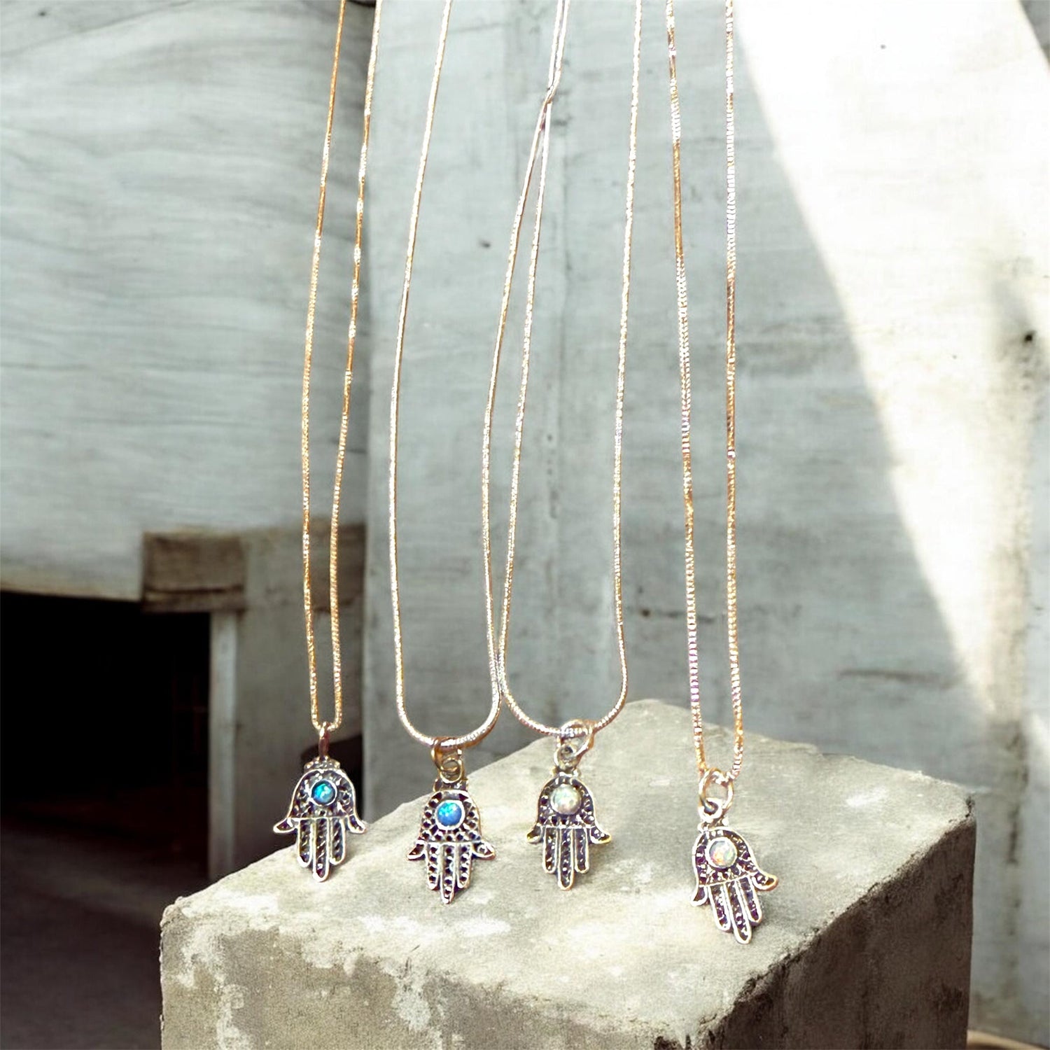 Sterling filigree hamsa pendant with blue opal stone on snake chain | Judaica Square Lakewood (view 12)