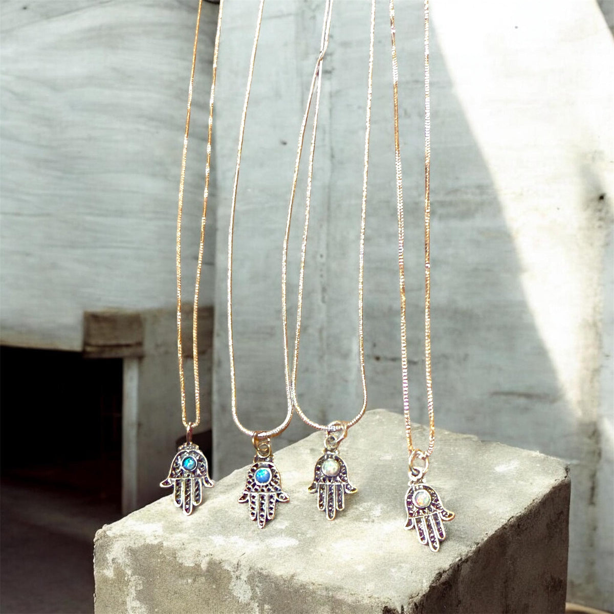 Sterling filigree hamsa pendant with blue opal stone on snake chain | Judaica Square Lakewood (view 12)