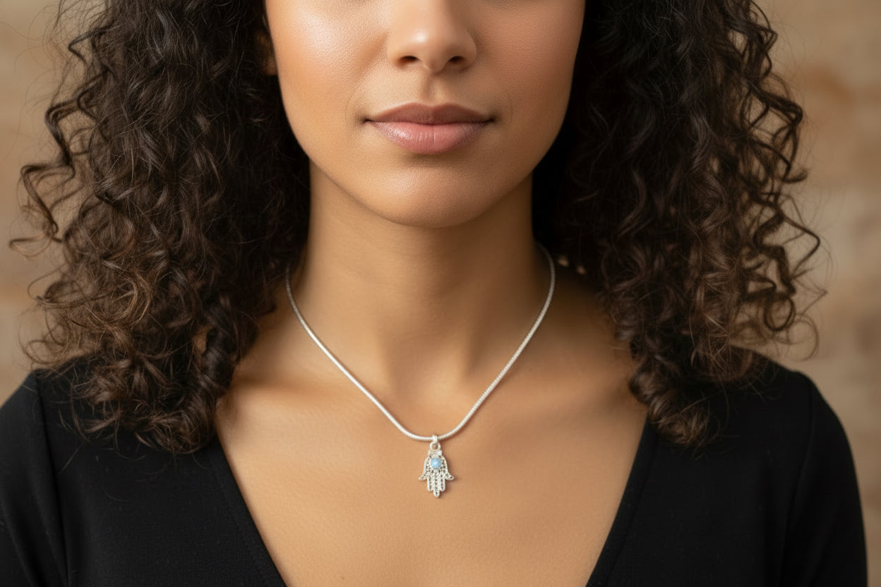 Filigree sterling hamsa pendant set with a purple amethyst stone | Judaica Square Lakewood (view 5)