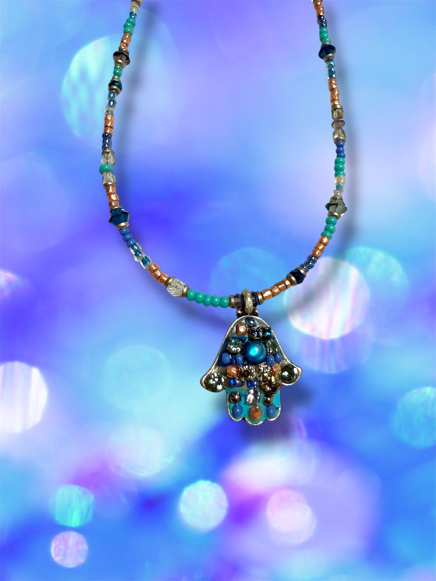 Small blue mosaic hamsa necklace — cobalt glass gold pendant | Judaica Square Lakewood (view 8)