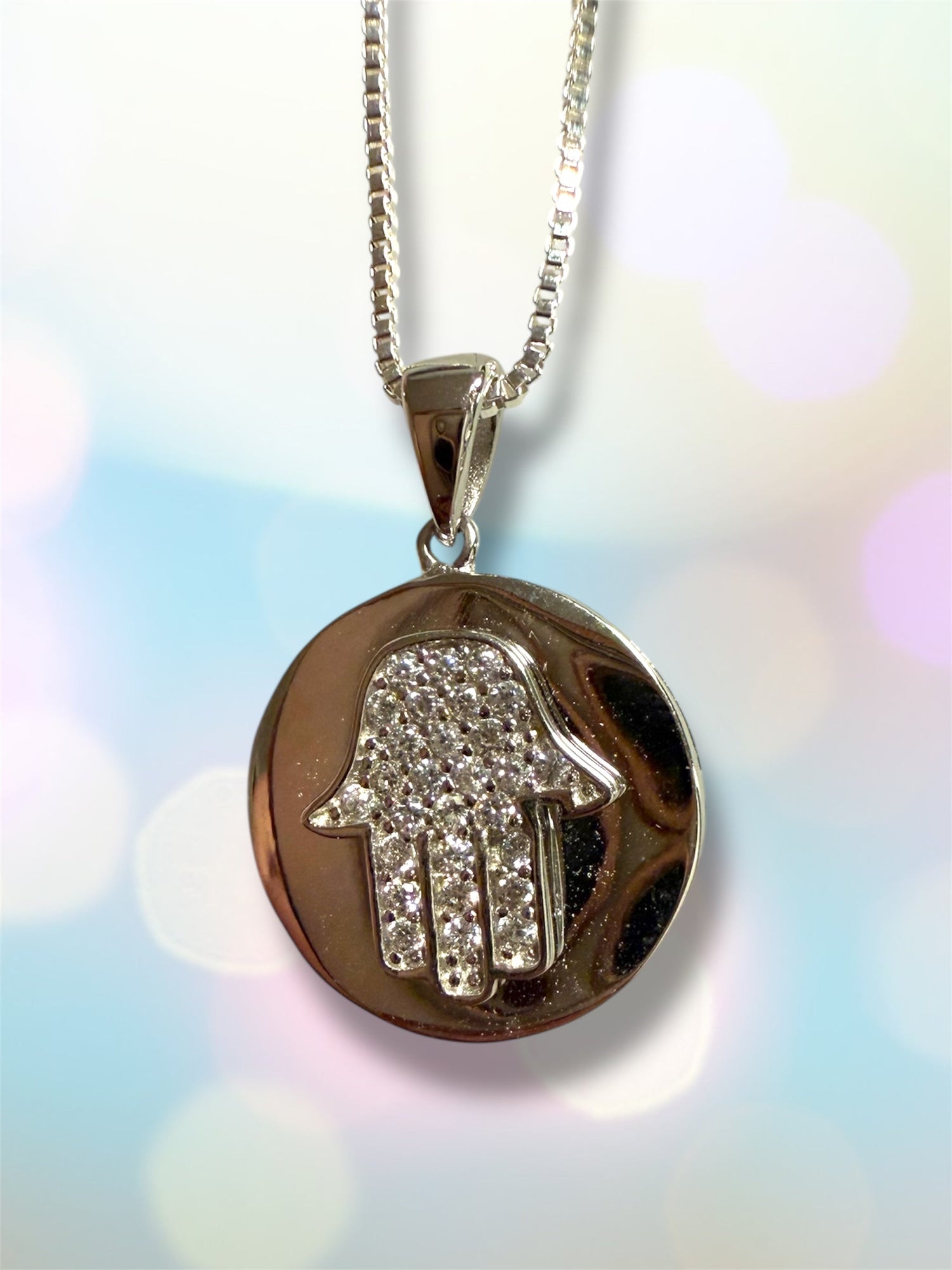 Circle hamsa necklace — sterling silver disc with cubic zirconia | Judaica Square Lakewood (view 4)