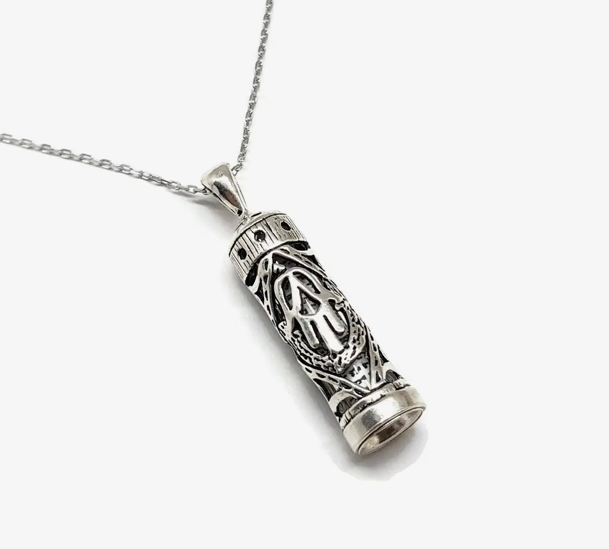 Sterling silver mezuzah case pendant with hamsa design and chain | Judaica Square Lakewood (view 2)