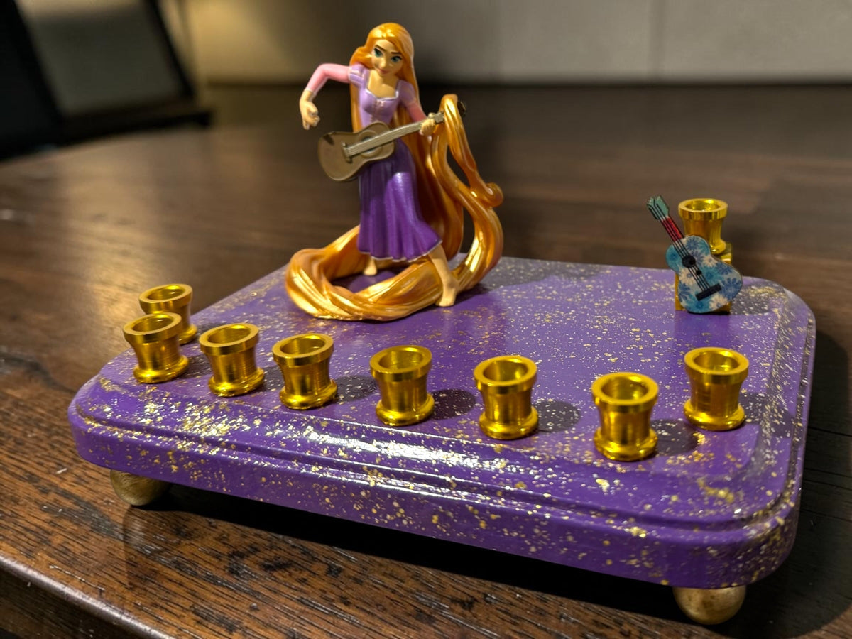 Rapunzel menorah — Tangled figure with wooden guitar shamash on painted base | Judaica Square Lakewood (view 9)