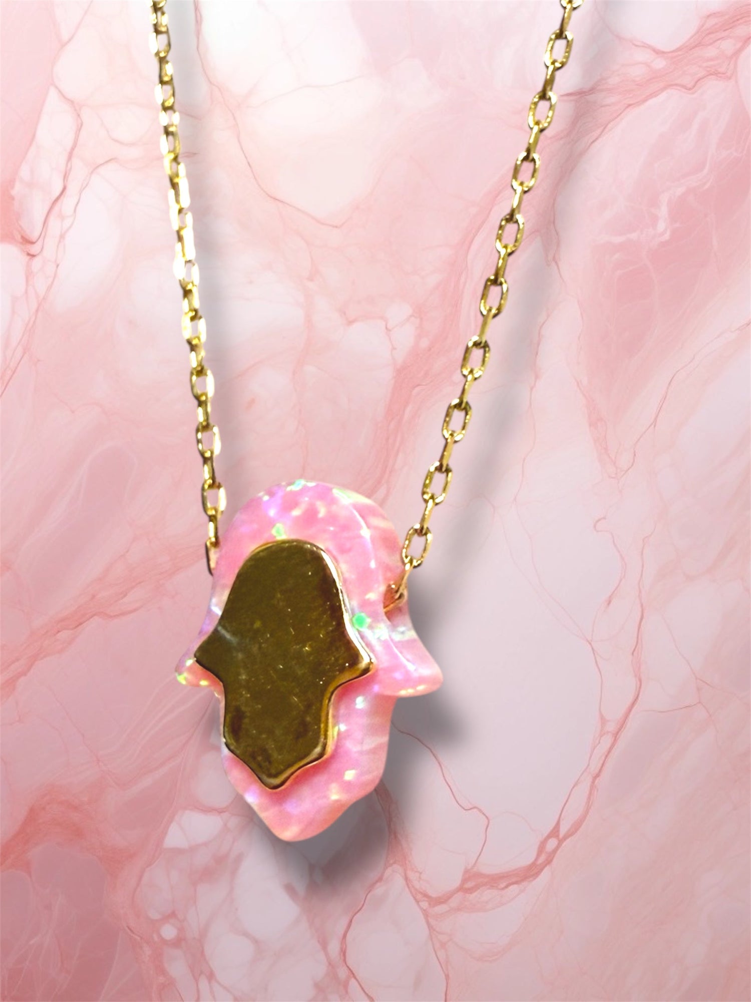 Pink opal hamsa necklace — gold plated sterling pendant | Judaica Square Lakewood (view 4)