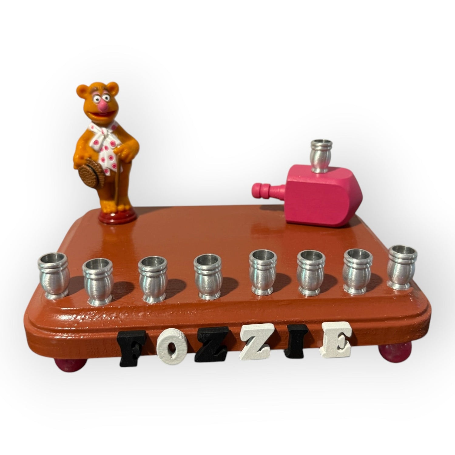 Fozzie Bear menorah — Muppets bear chess piece on painted wood with aluminum cups | Judaica Square Lakewood (view 3)