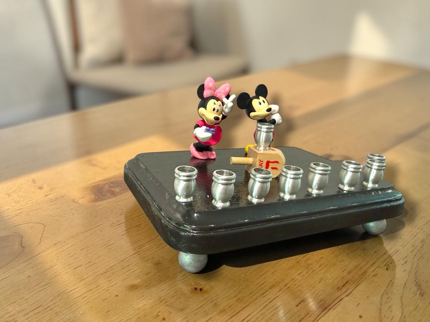 Mickey and Minnie Mouse menorah — repurposed Disney figures on painted wood plaque | Judaica Square Lakewood (view 5)
