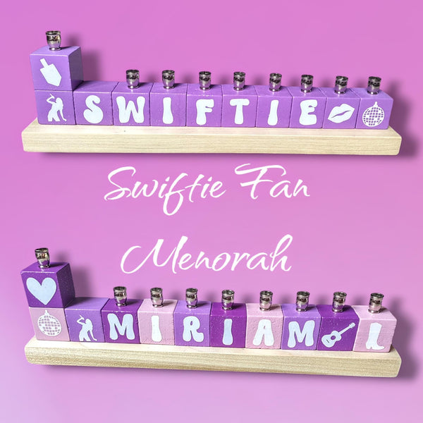 Swiftie menorah — personalized glitter name blocks in lavender with icons | Judaica Square Lakewood