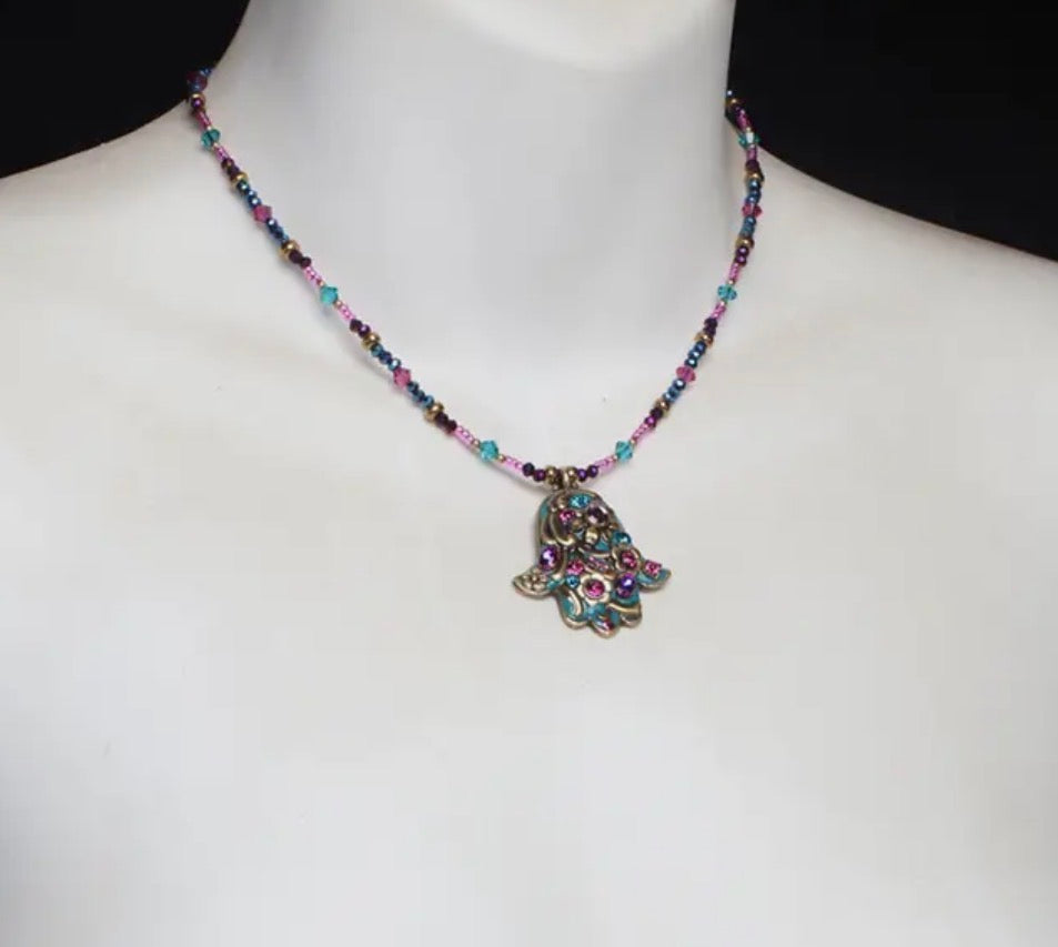 Michal Golan teal mosaic hamsa pendant with crystals and gold trim | Judaica Square Lakewood (view 4)