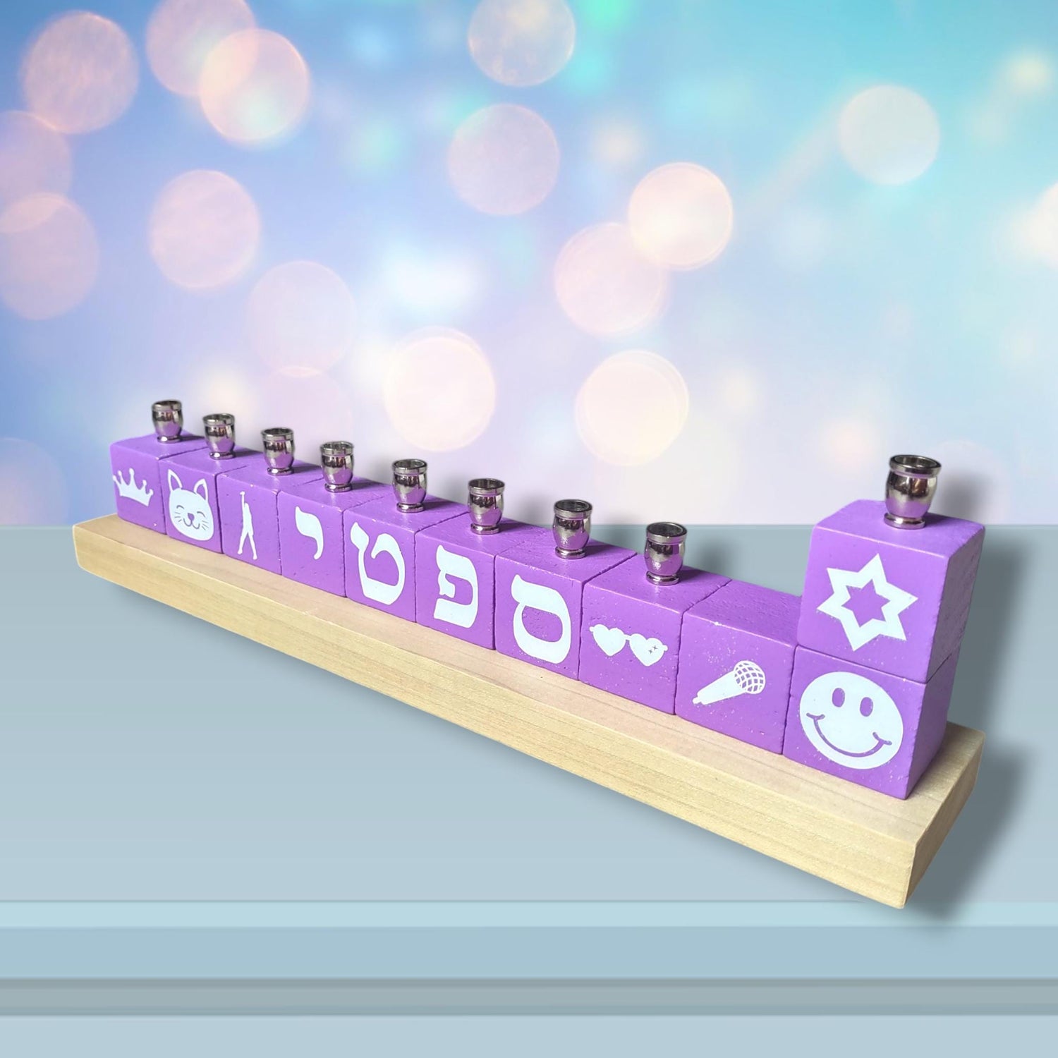 Swiftie menorah — personalized glitter name blocks in lavender with icons | Judaica Square Lakewood (view 8)