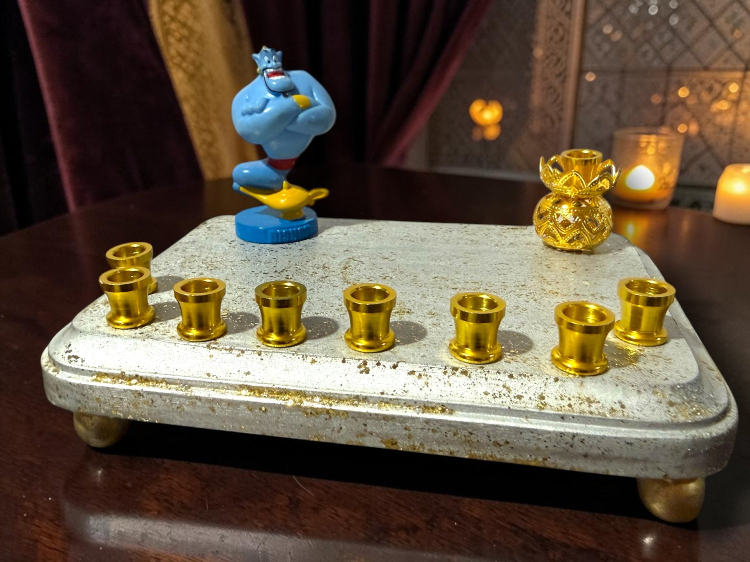 Genie menorah — blue Aladdin genie figure on painted wood plaque with aluminum candle cups | Judaica Square Lakewood (view 5)