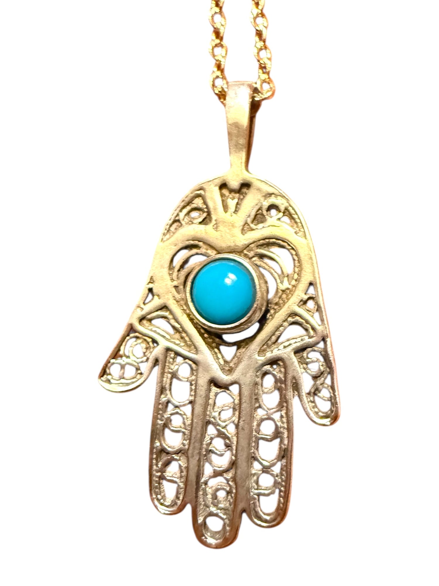 Turquoise stone hamsa hand pendant on a long sterling silver chain | Judaica Square Lakewood (view 4)