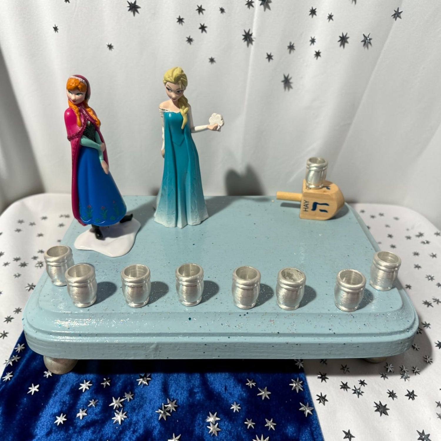 Frozen menorah — Anna and Elsa figures on rhinestone-trimmed painted plaque | Judaica Square Lakewood (view 2)