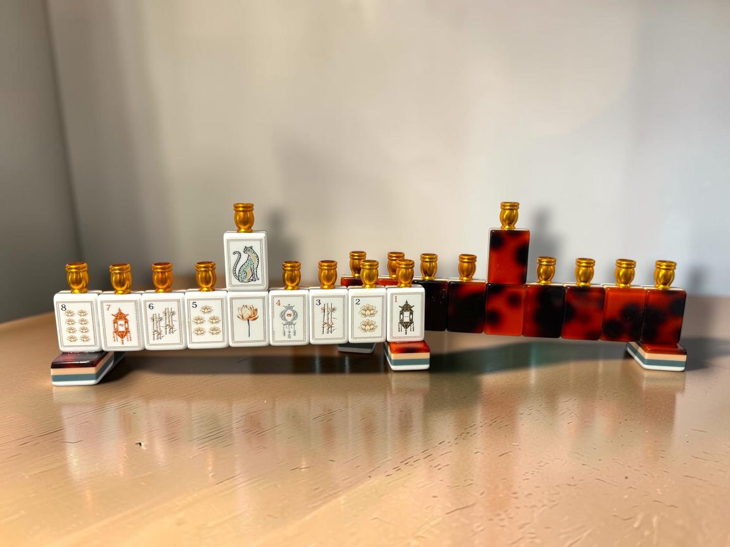 Mah Jongg menorah — repurposed game tiles with numbered aluminum candle cups | Judaica Square Lakewood (view 10)