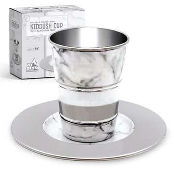 Marble & Stainless Steel Kiddush Cup and Tray NM12461 — brushed steel cup on marble | Judaica Square Lakewood