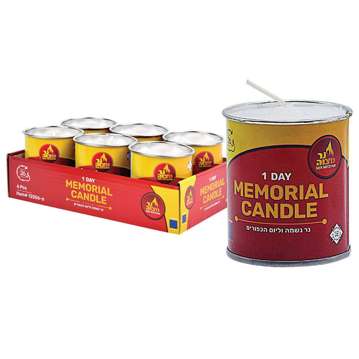 Yahrzeit Candles in Tin, 6-Pack — 24-Hour Memorial Candles, Bulk