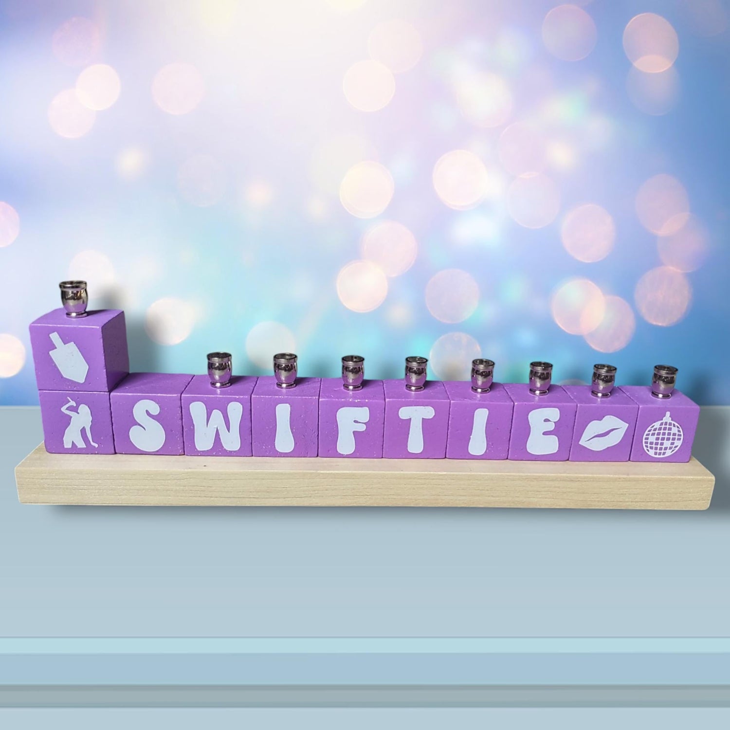 Swiftie menorah — personalized glitter name blocks in lavender with icons | Judaica Square Lakewood (view 2)