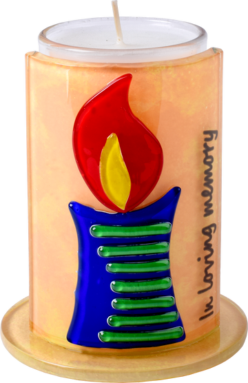 Handmade Glass Memorial Candle Holder — handmade glass holder with a memorial candle
