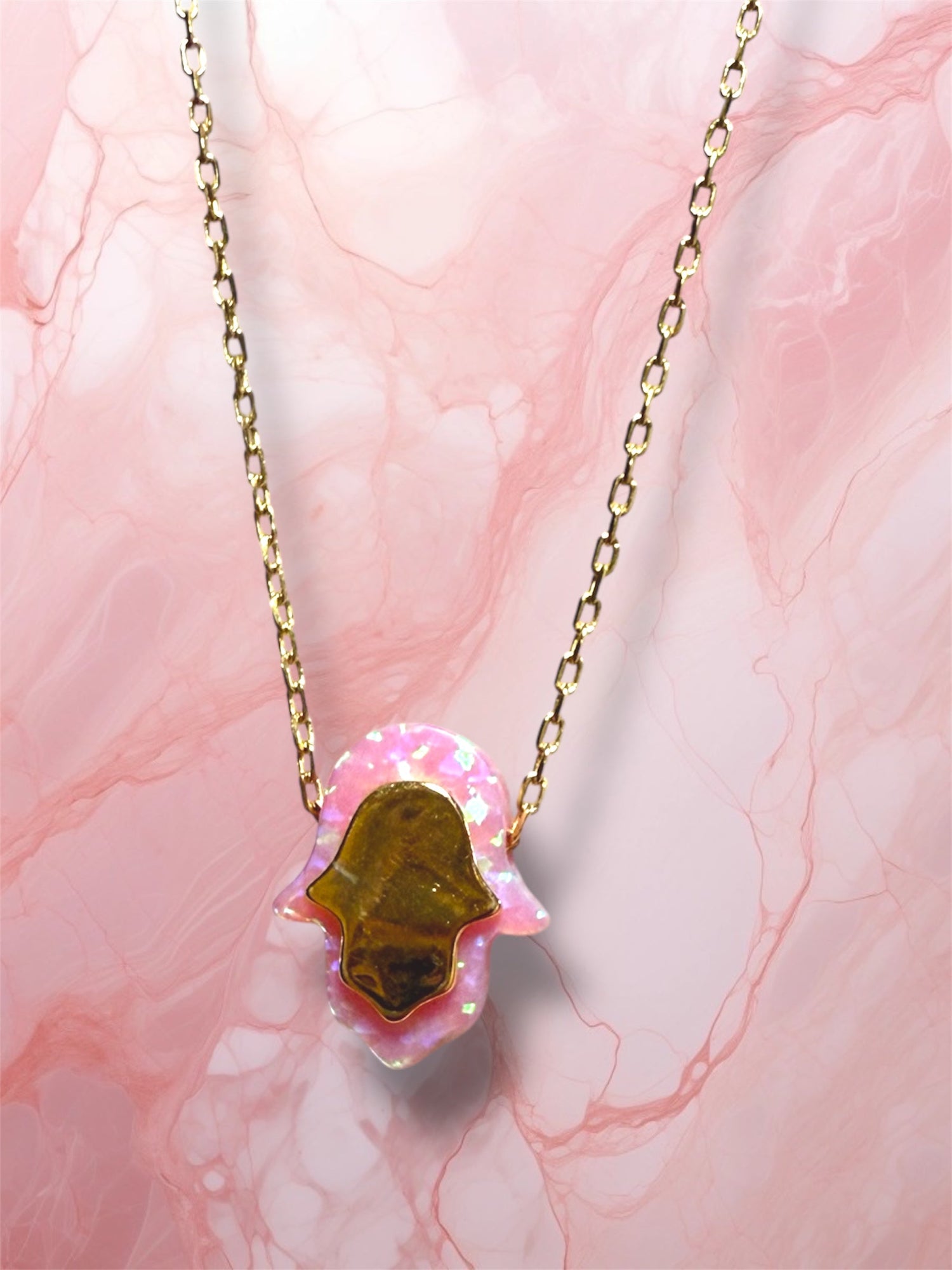 Pink opal hamsa necklace — gold plated sterling pendant | Judaica Square Lakewood (view 7)