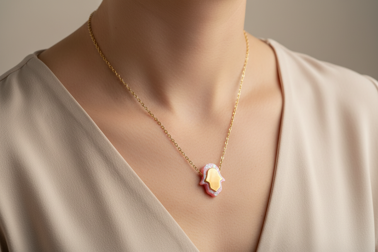 Pink opal hamsa necklace — gold plated sterling pendant | Judaica Square Lakewood (view 8)