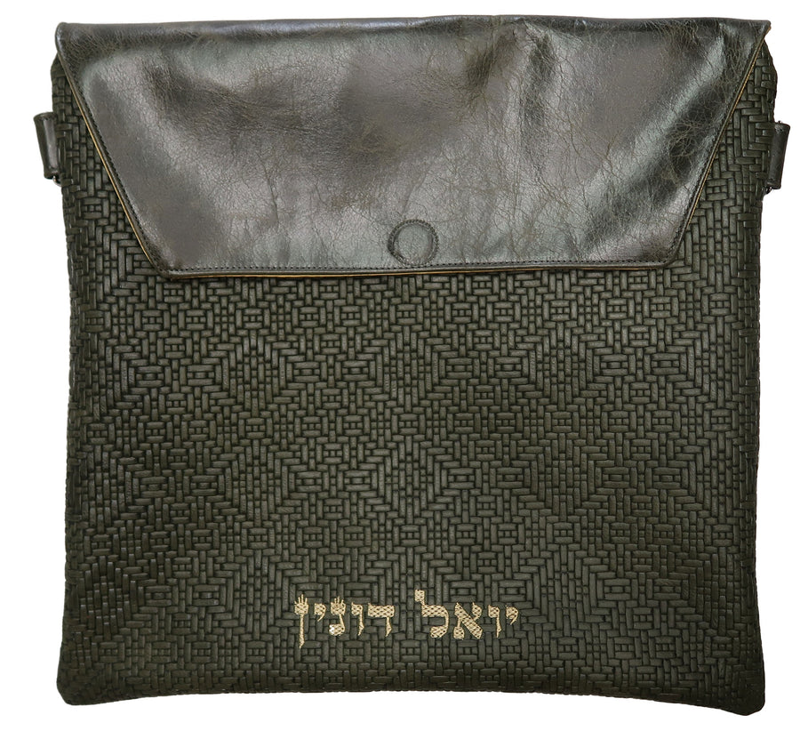 Personalization preview — Regal Leather Tallit & Tefillin Bag — Olive Braid