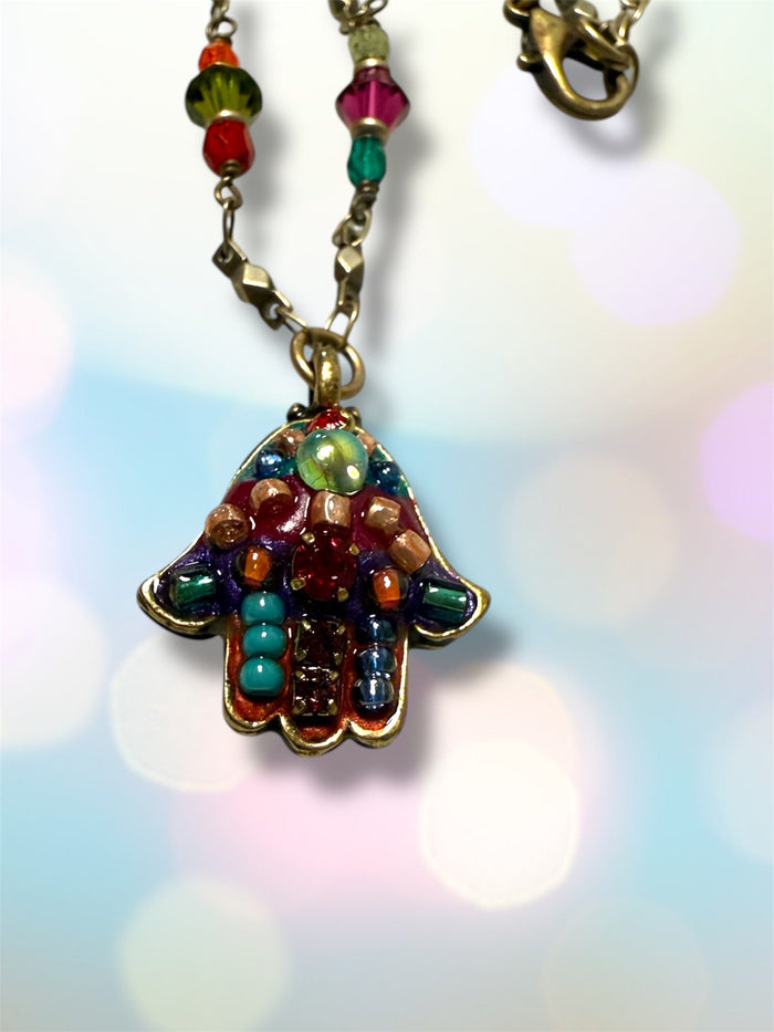Multicolor hamsa necklace — bright glass mosaic gold pendant | Judaica Square Lakewood