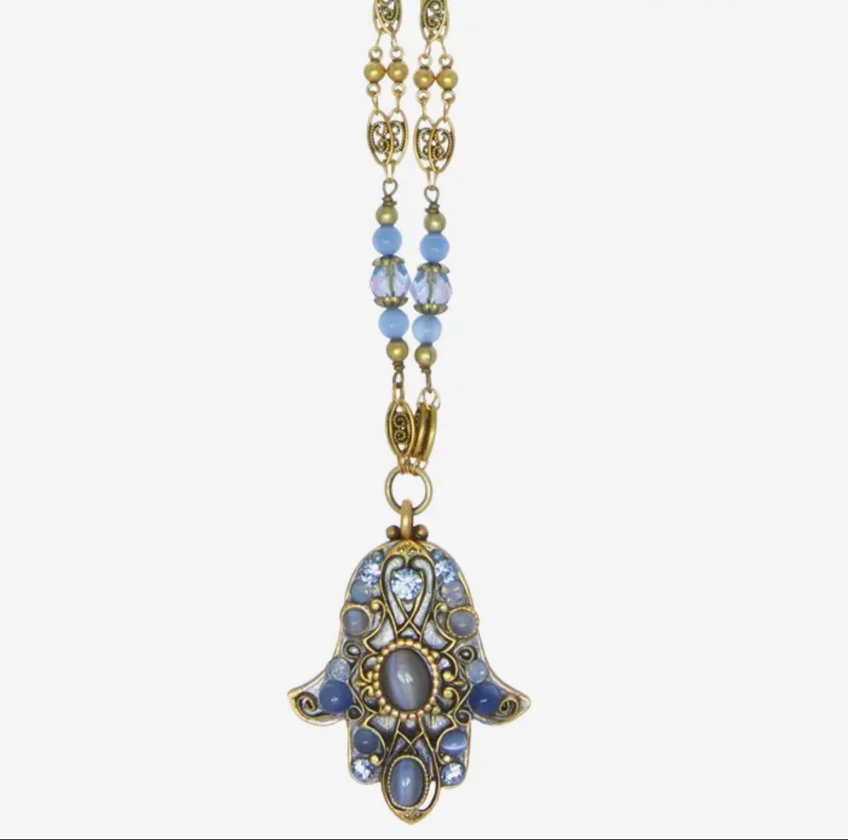 Bluebell hamsa necklace — blue Swarovski and cat's eye pendant | Judaica Square Lakewood (view 3)