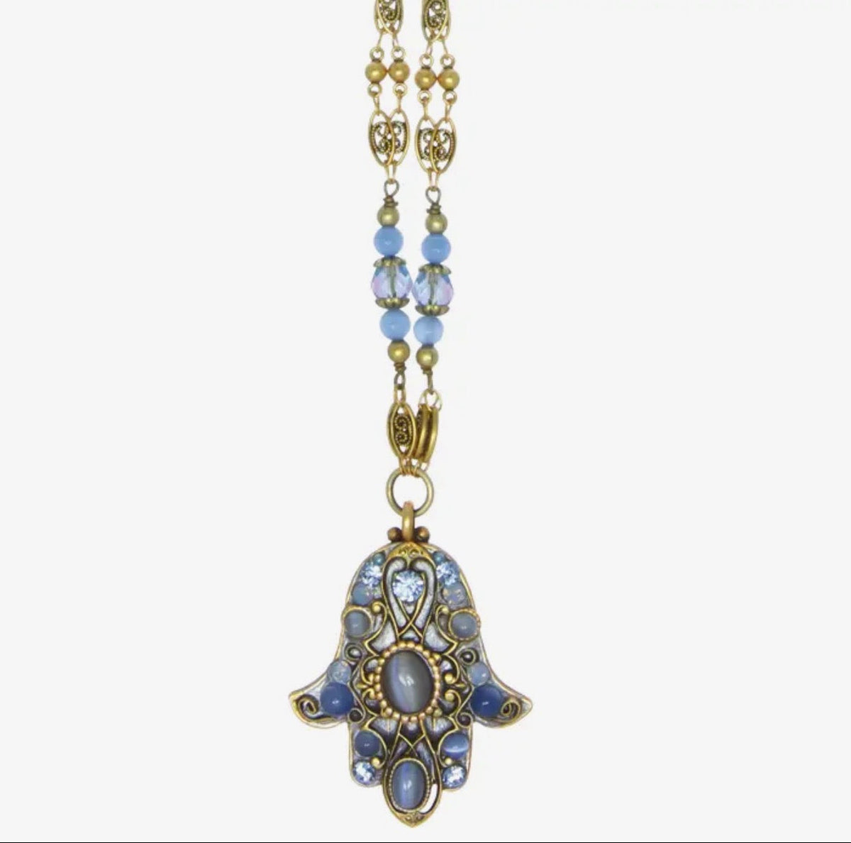 Bluebell hamsa necklace — blue Swarovski and cat's eye pendant | Judaica Square Lakewood (view 3)