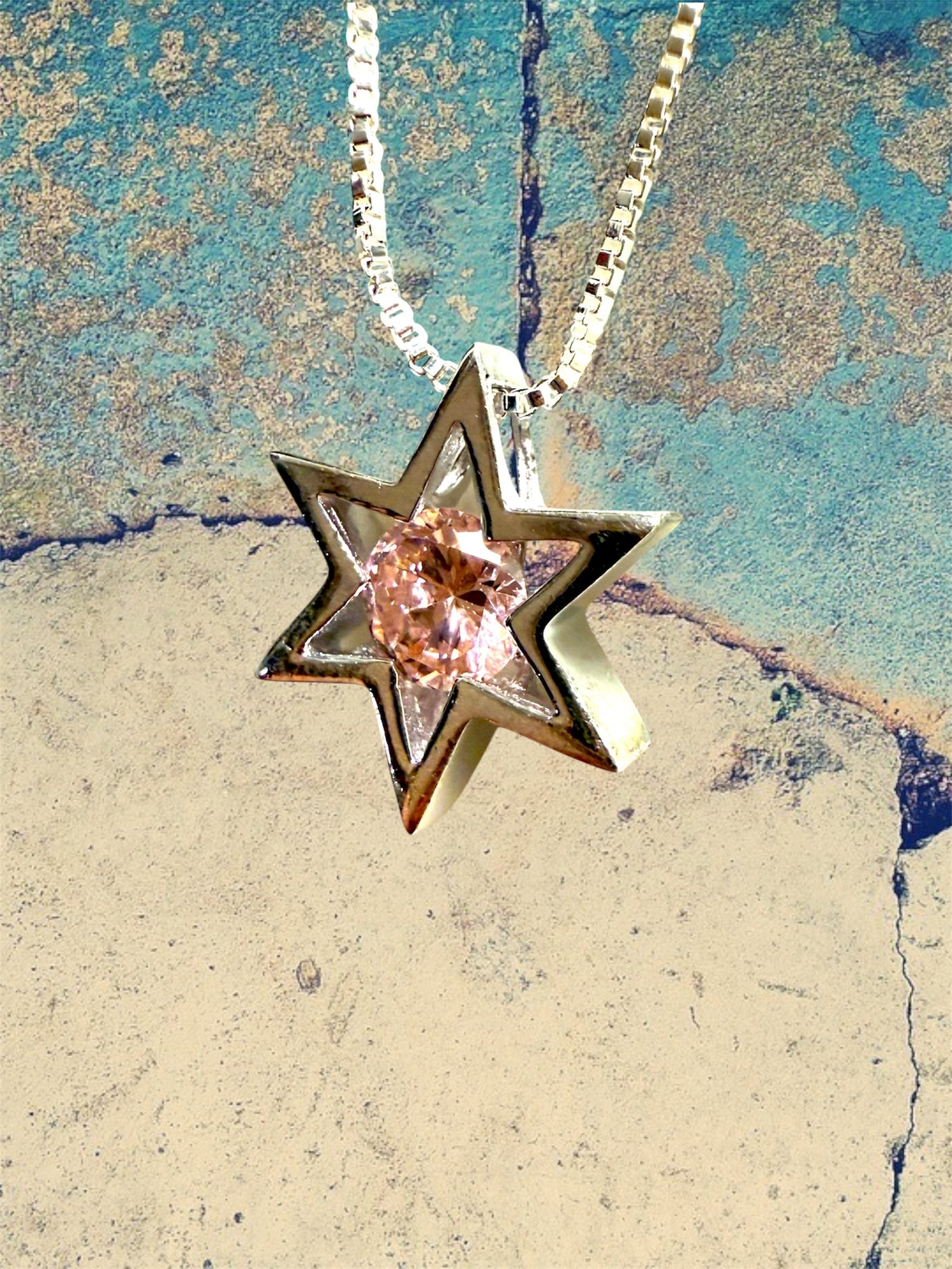 Modern sterling Star of David pendant centered with a pink stone | Judaica Square Lakewood (view 4)