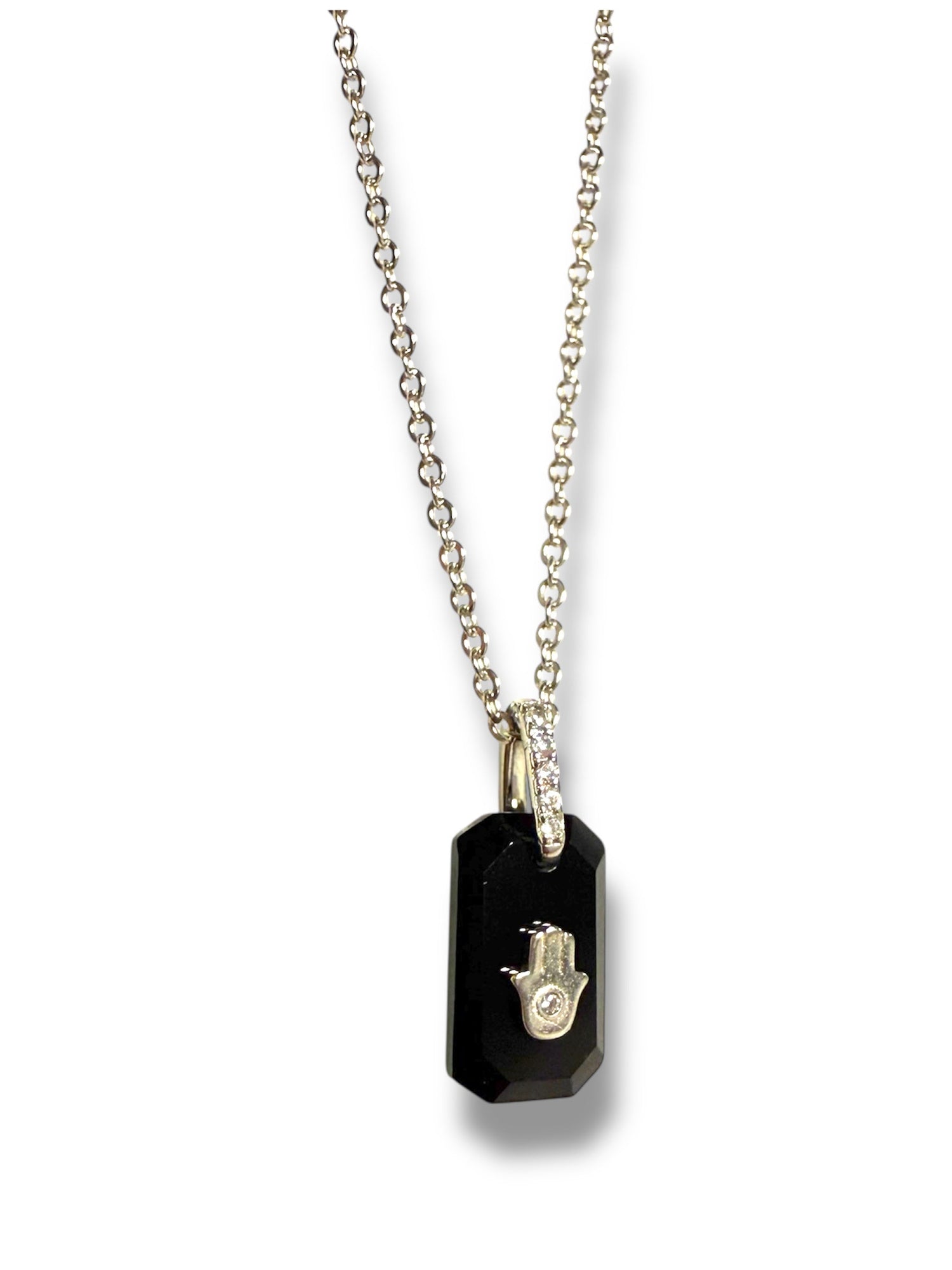 Black onyx hamsa necklace — sterling silver pendant with cubic zirconia | Judaica Square Lakewood (view 7)
