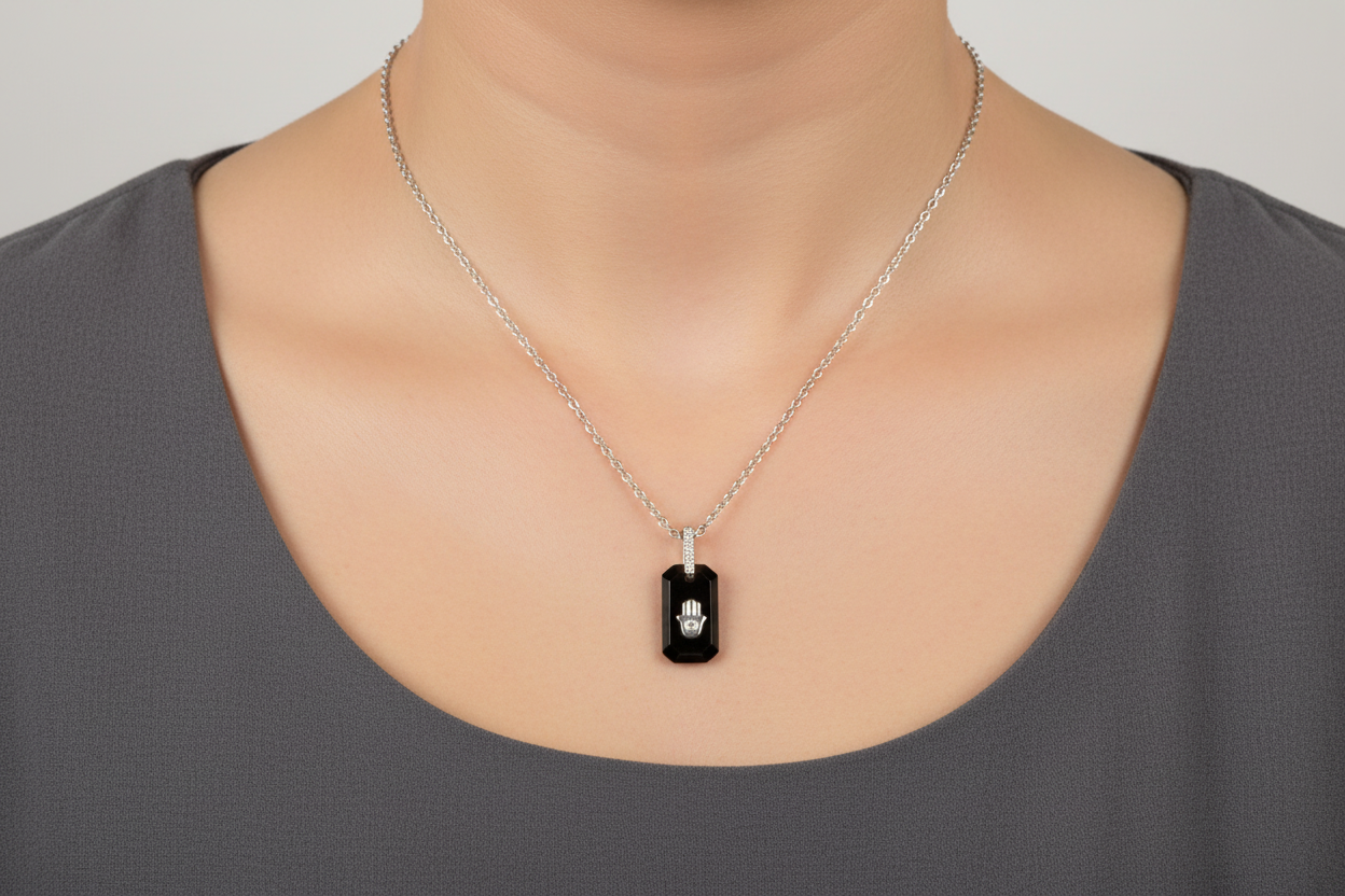 Black onyx hamsa necklace — sterling silver pendant with cubic zirconia | Judaica Square Lakewood (view 2)