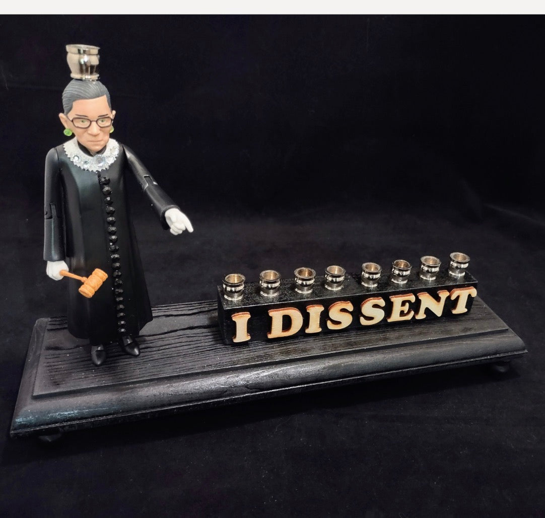 RBG I Dissent menorah — Ruth Bader Ginsburg figure in sparkly collar with letter tiles | Judaica Square Lakewood (view 7)