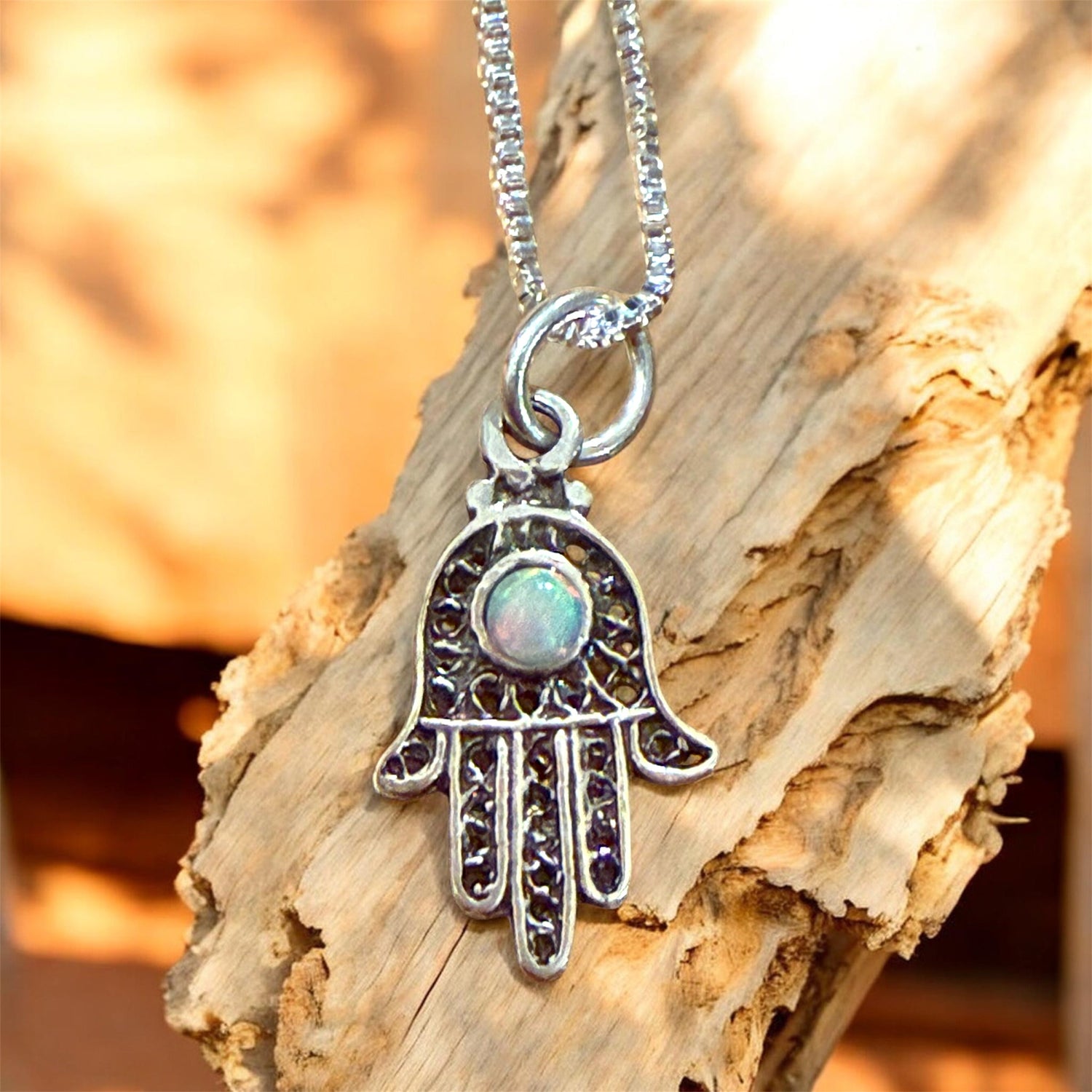 Sterling filigree hamsa pendant with blue opal stone on snake chain | Judaica Square Lakewood (view 3)